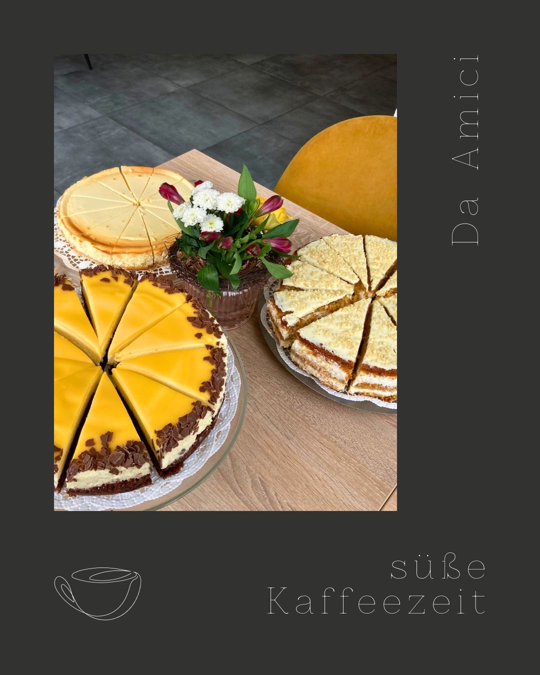 Hausgemachte Torten bei Da Amici: Käsekuchen, Schokotorte und Haselnusstorte